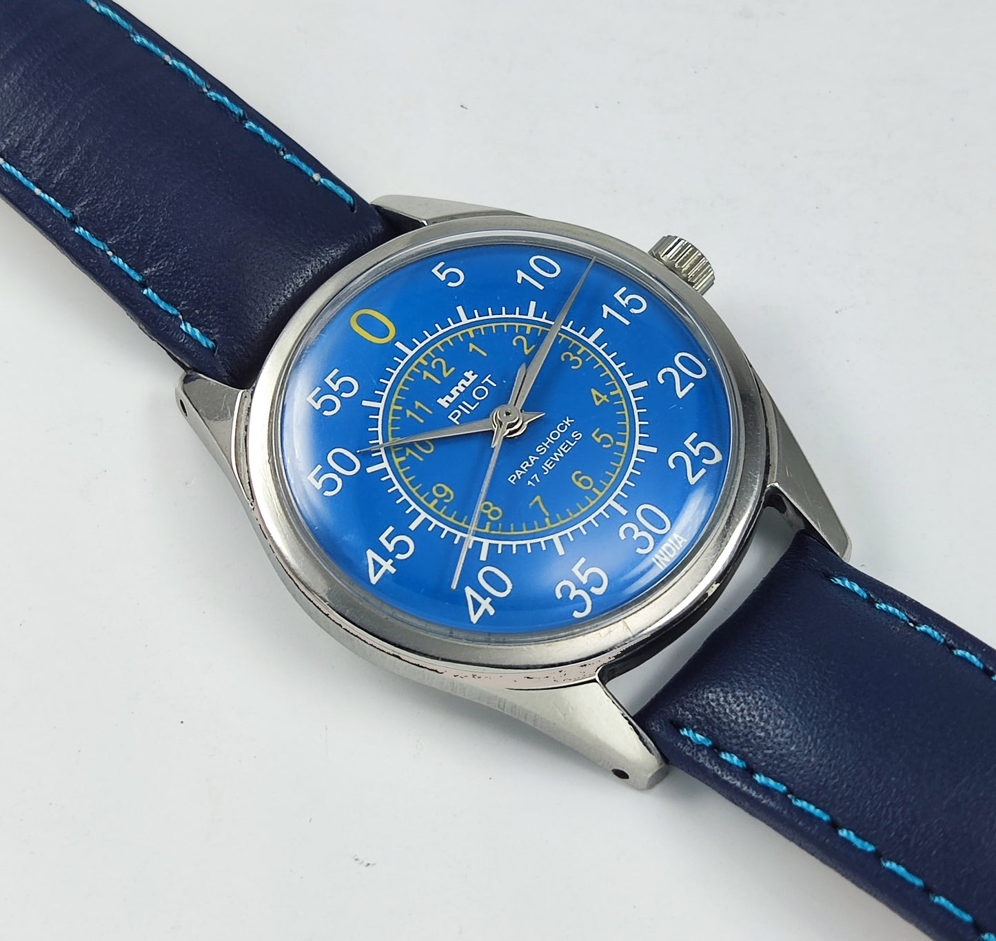 HMT Pilot Para Shock 17 Jewels Blue Dial Mechanical Hand winding Men's Wrist Watch Discover-Diamonds