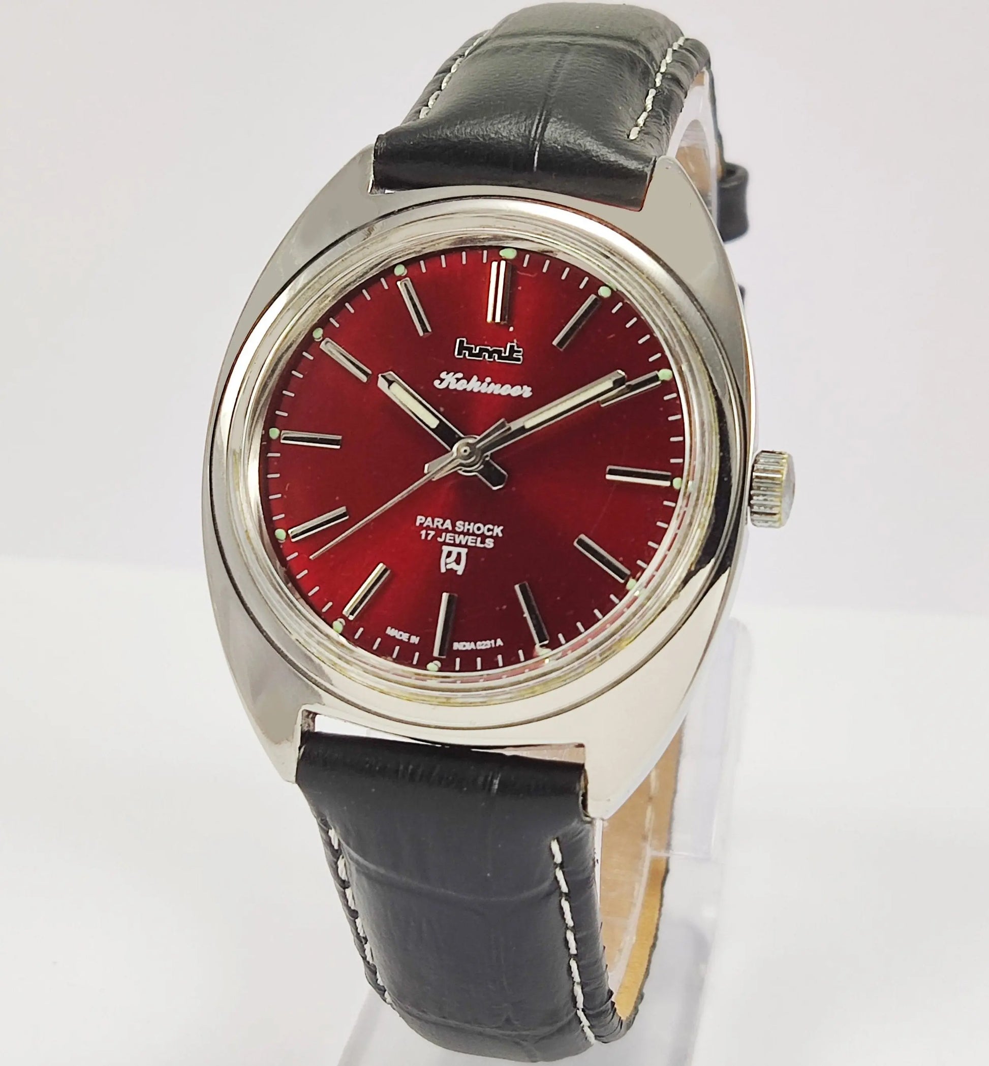 HMT Kohinoor Para Shock 17 Jewels Maroon Red Dial Mechanical Hand winding Men's Wrist Watch Discover-Diamonds