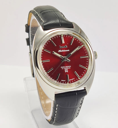 HMT Kohinoor Para Shock 17 Jewels Maroon Red Dial Mechanical Hand winding Men's Wrist Watch Discover-Diamonds