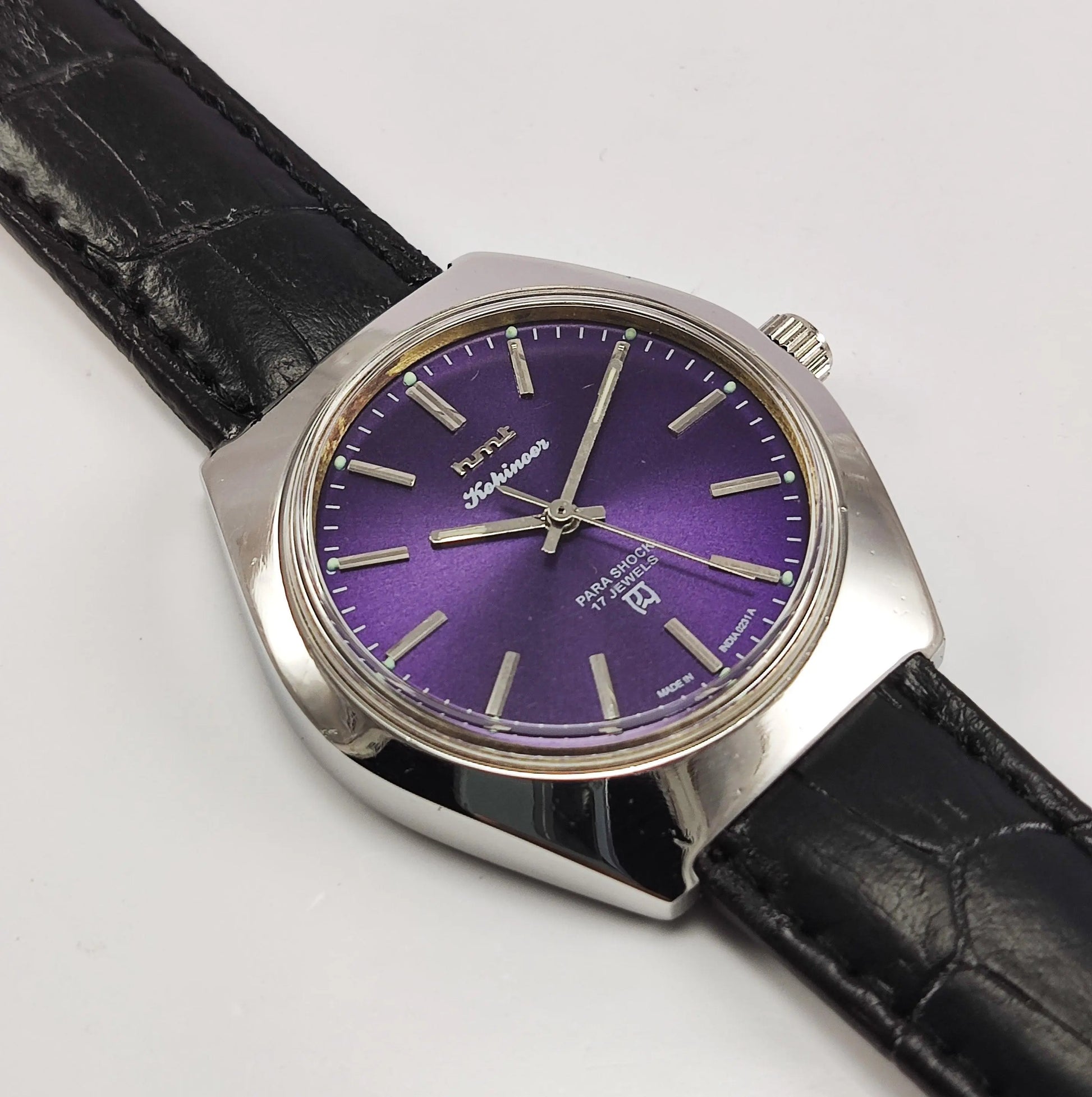 HMT Kohinoor Para Shock 17 Jewels Purple Dial Mechanical Hand winding Men's Wrist Watch - Discover-Diamonds