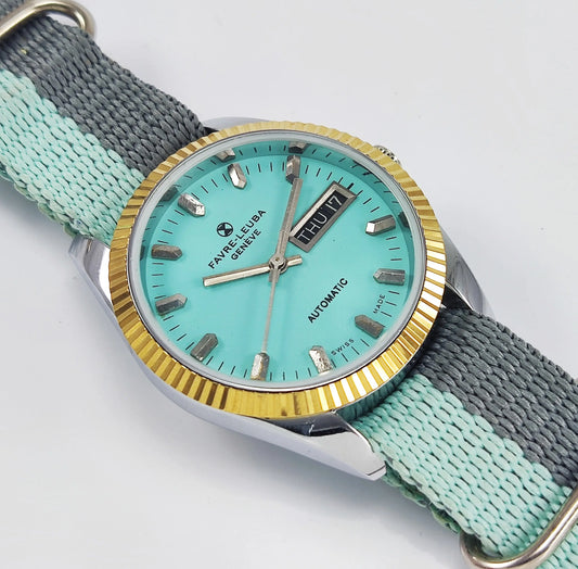 Favre-Leuba Geneve Pista Green Dial Swiss Made 2066 Automatic 17 Jewels Day-Date Function Golden Bezel Men's Wrist Watch Discover-Diamonds