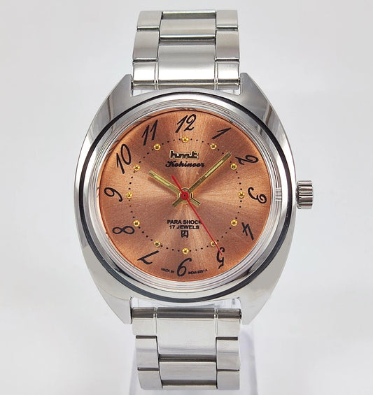 HMT Kohinoor Para Shock 17 Jewels Orange Dial Transparent Back Mechanical Hand winding Men's Wrist Watch - Discover-Diamonds