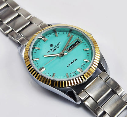 Favre-Leuba Geneve Pista Green Dial Swiss Made 2066 Automatic Movement 17 Jewels Day-Date Golden Bezel Men's Wrist Watch Discover-Diamonds