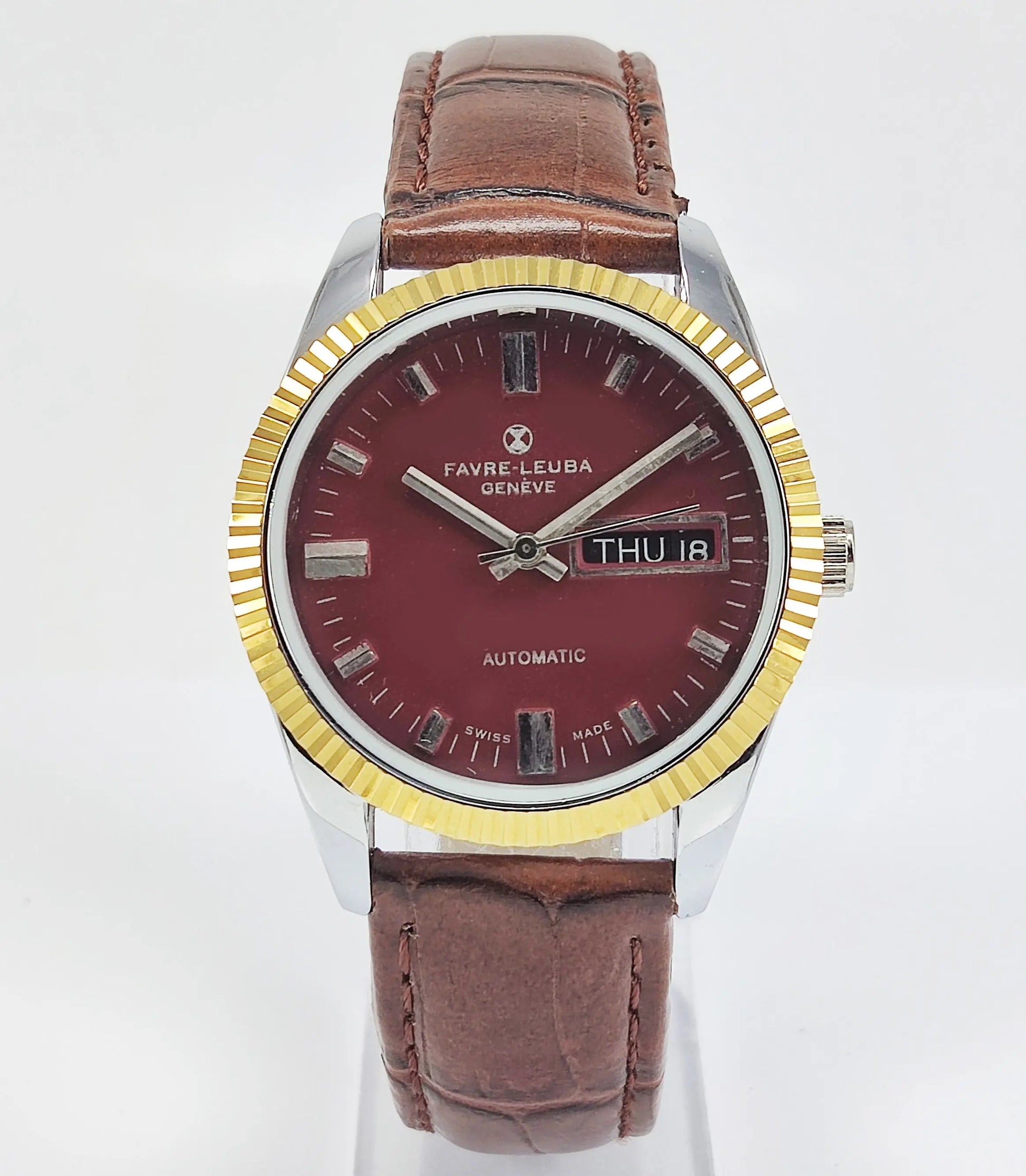 Favre-Leuba Geneve Marron Color Dial Swiss Made 2066 Automatic Movement 17 Jewels Day-Date Golden Bezel Men's Wrist Watch Discover-Diamonds