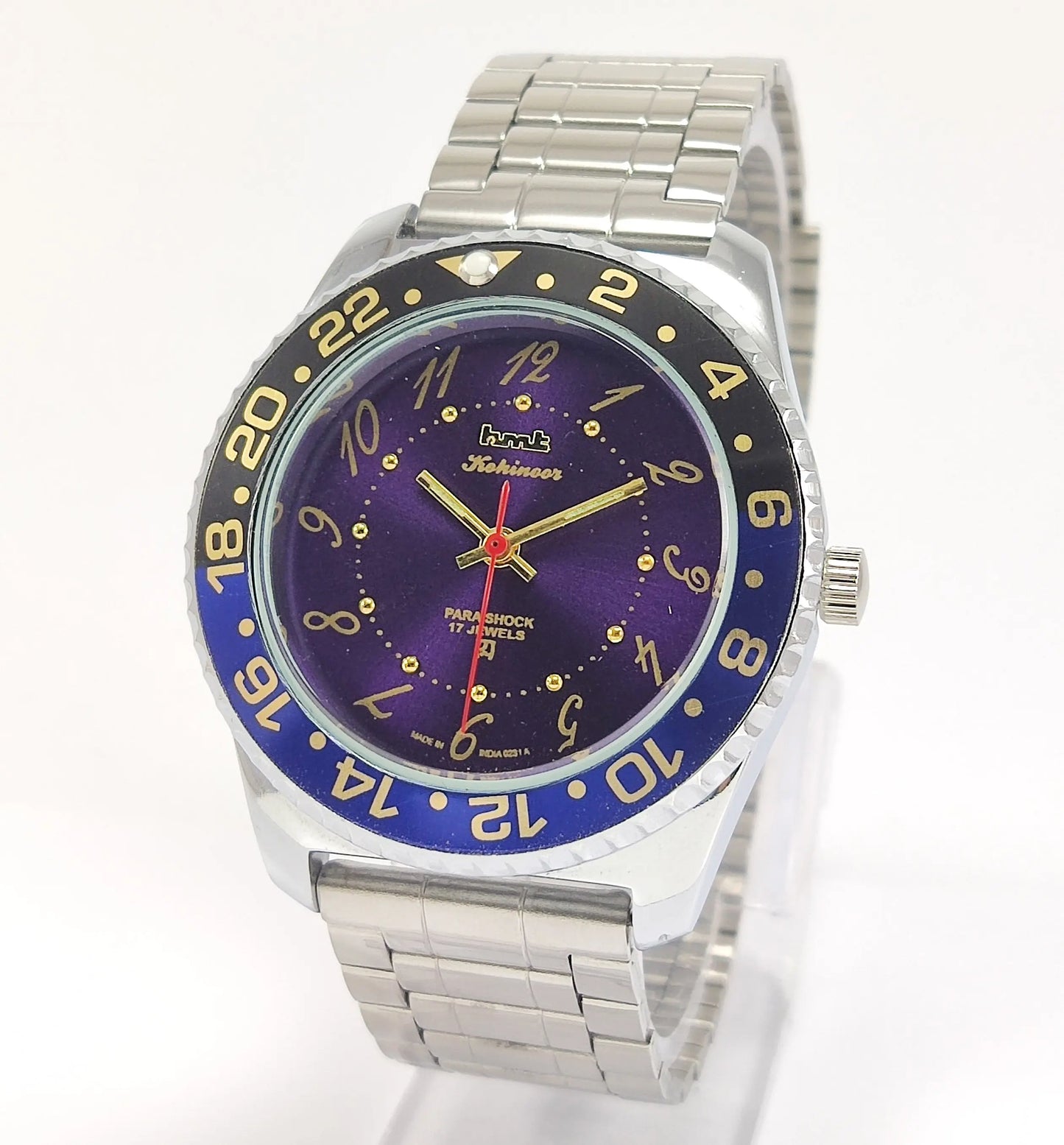 HMT Kohinoor Para Shock 17 Jewels Purple Dial Transparent Back Mechanical Hand winding Men's Wrist Watch Discover-Diamonds