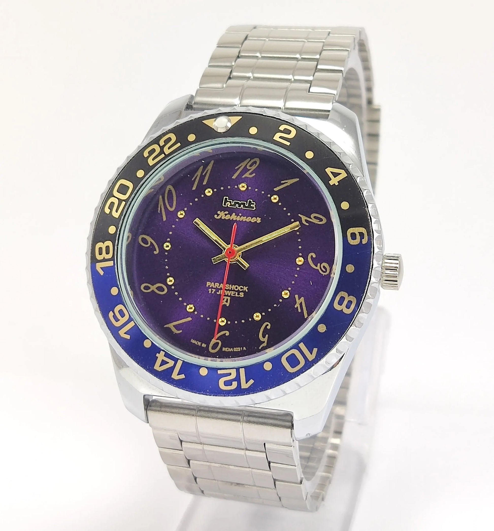 HMT Kohinoor Para Shock 17 Jewels Purple Dial Transparent Back Mechanical Hand winding Men's Wrist Watch Discover-Diamonds