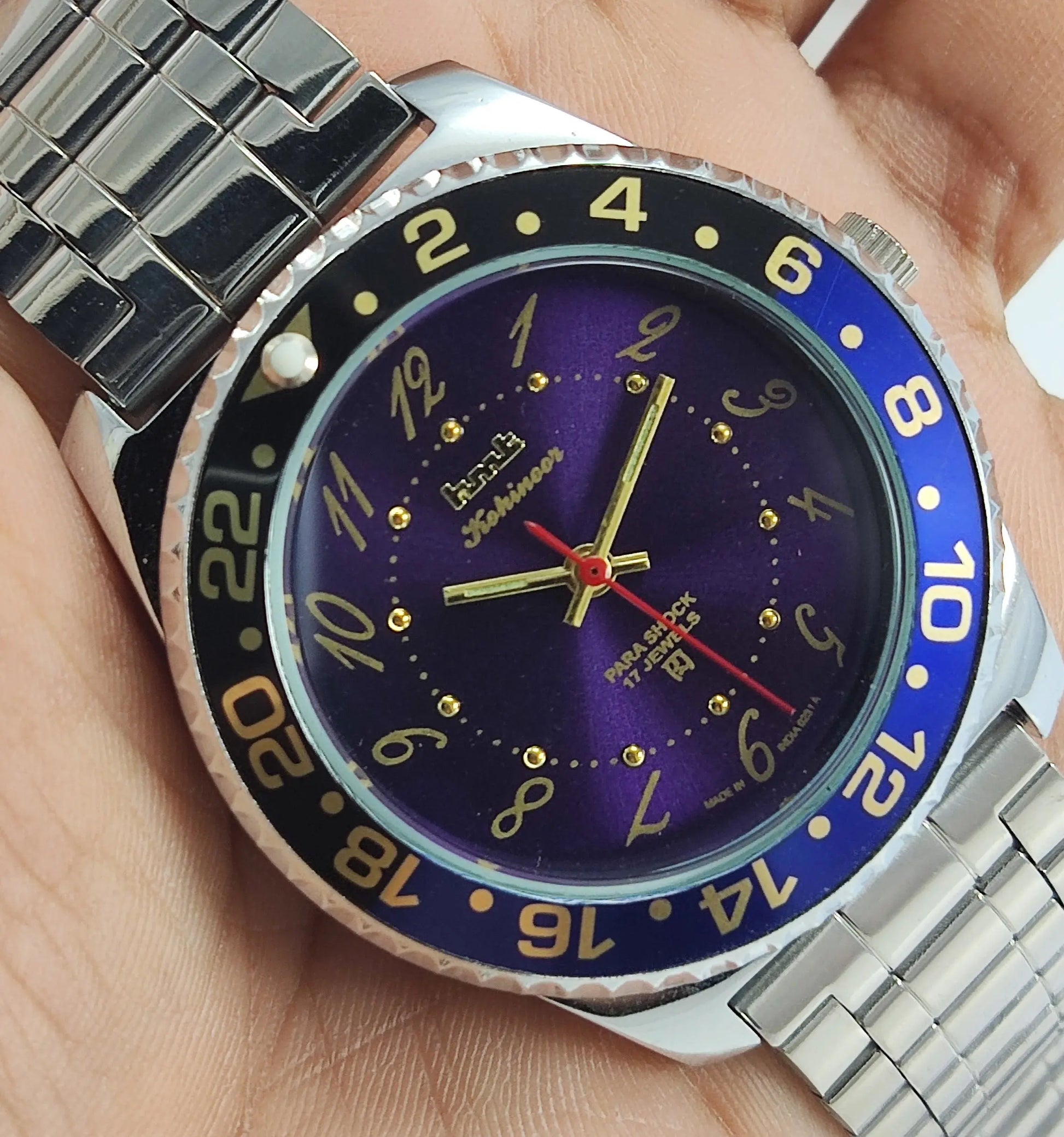 HMT Kohinoor Para Shock 17 Jewels Purple Dial Transparent Back Mechanical Hand winding Men's Wrist Watch Discover-Diamonds
