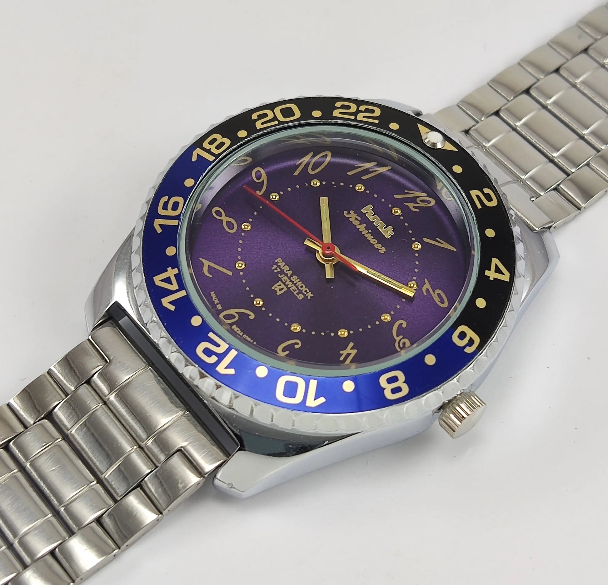 HMT Kohinoor Para Shock 17 Jewels Purple Dial Transparent Back Mechanical Hand winding Men's Wrist Watch Discover-Diamonds