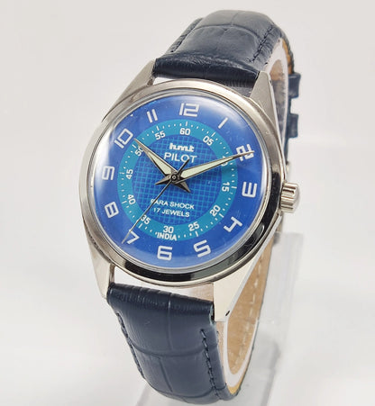 HMT Pilot Para Shock 17 Jewels Blue Dial Mechanical Hand winding Men's Wrist Watch Discover-Diamonds