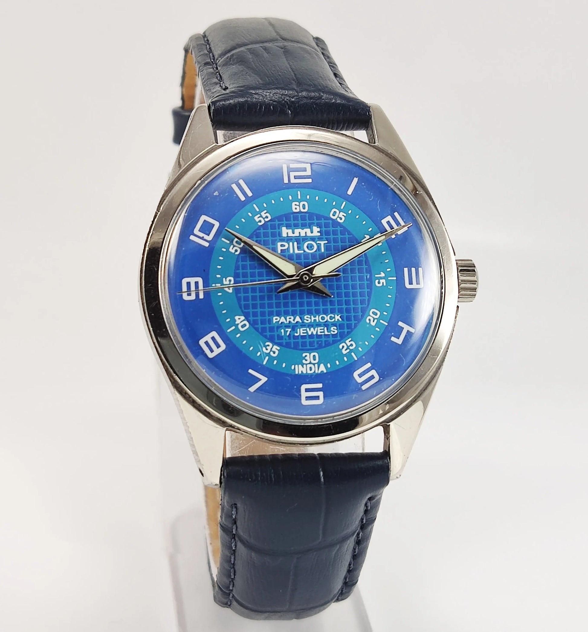 HMT Pilot Para Shock 17 Jewels Blue Dial Mechanical Hand winding Men's Wrist Watch Discover-Diamonds