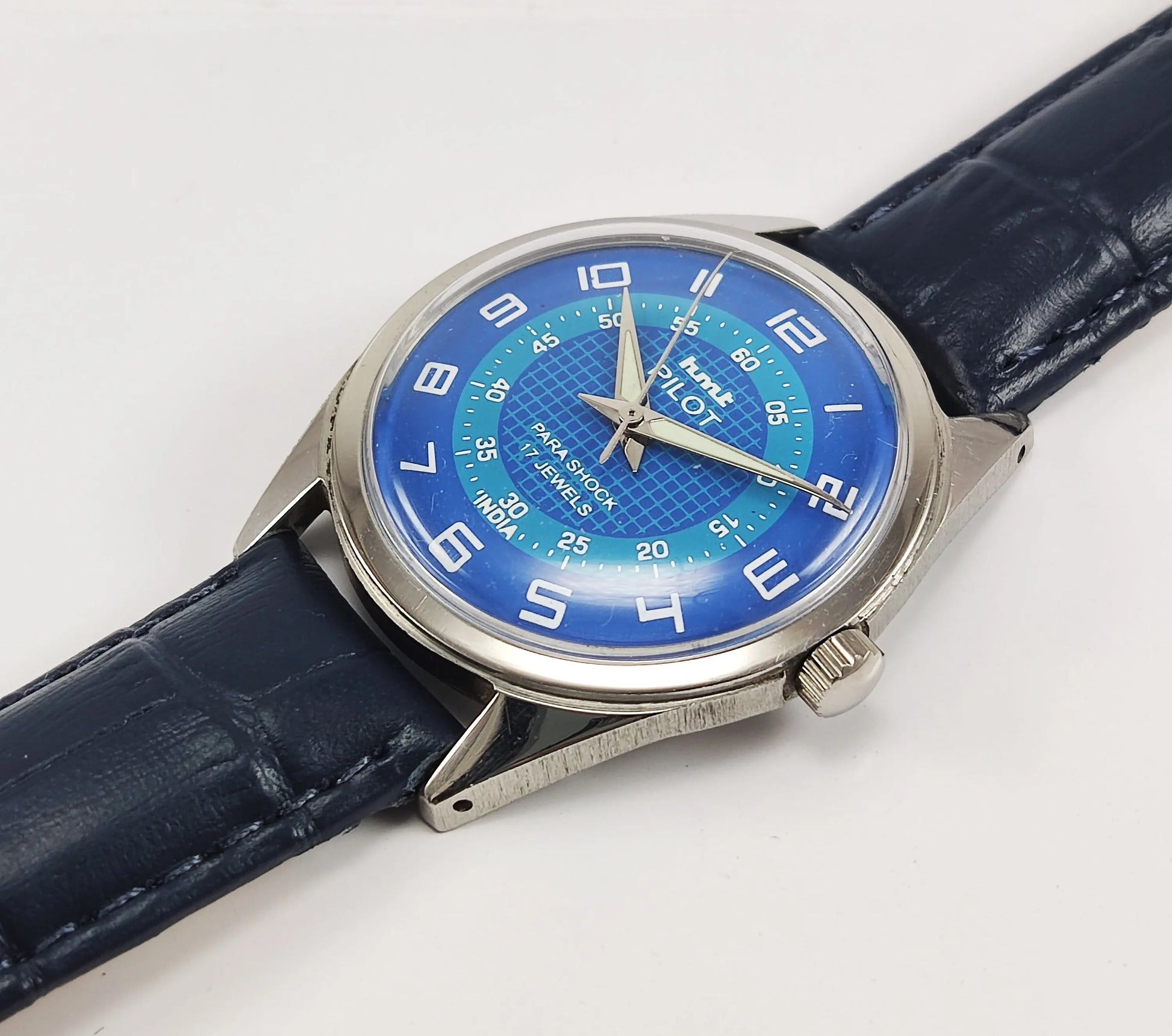 HMT Pilot Para Shock 17 Jewels Blue Dial Mechanical Hand winding Men's Wrist Watch Discover-Diamonds