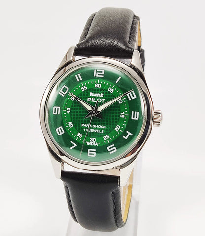 HMT Pilot Para Shock 17 Jewels Green Dial Mechanical Hand winding Men's Wrist Watch Discover-Diamonds