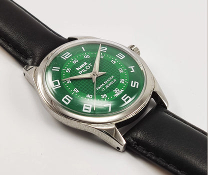 HMT Pilot Para Shock 17 Jewels Green Dial Mechanical Hand winding Men's Wrist Watch Discover-Diamonds