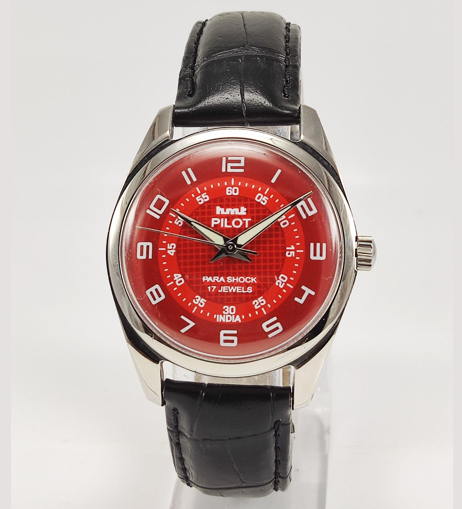 HMT Pilot Para Shock 17 Jewels Red Dial Mechanical Hand winding Men's Wrist Watch - Discover-Diamonds