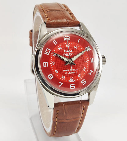 HMT Pilot Para Shock 17 Jewels Red Dial Mechanical Hand winding Men's Wrist Watch Discover-Diamonds