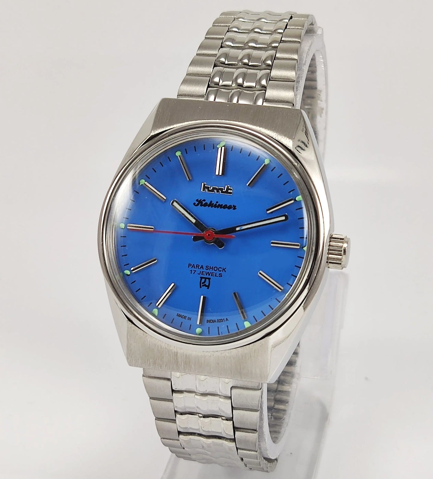 HMT Kohinoor Para Shock 17 Jewels Blue Color Dial Mechanical Hand winding Men's Wrist Watch - Discover-Diamonds