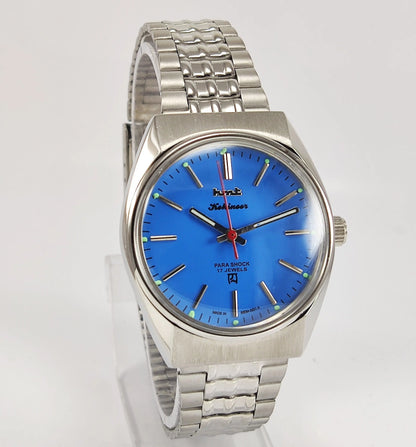 HMT Kohinoor Para Shock 17 Jewels Blue Color Dial Mechanical Hand winding Men's Wrist Watch - Discover-Diamonds