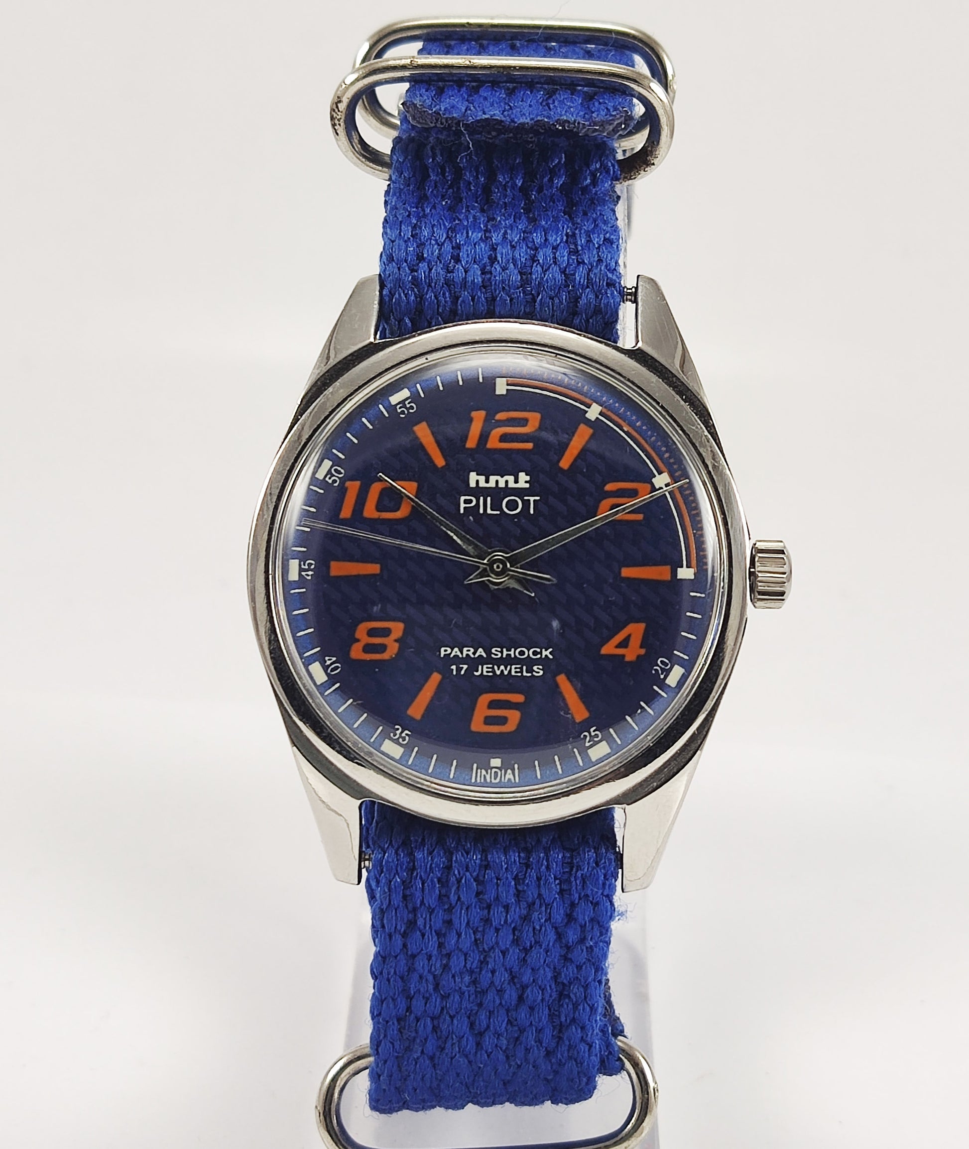 HMT Pilot Para Shock 17 Jewels Navy Blue Dial Mechanical Hand winding Men's Wrist Watch Discover-Diamonds