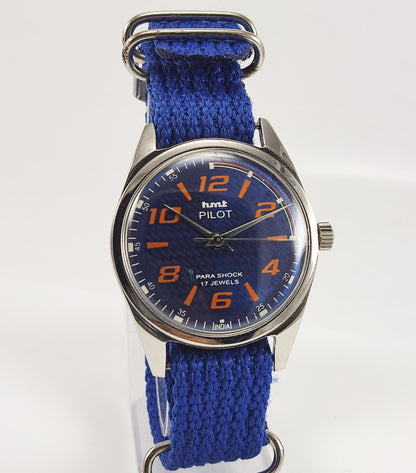 HMT Pilot Para Shock 17 Jewels Navy Blue Dial Mechanical Hand winding Men's Wrist Watch Discover-Diamonds