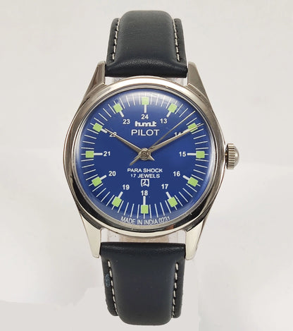 HMT Pilot Para Shock 17 Jewels Blue Dial Mechanical Hand winding Men's Wrist Watch Discover-Diamonds