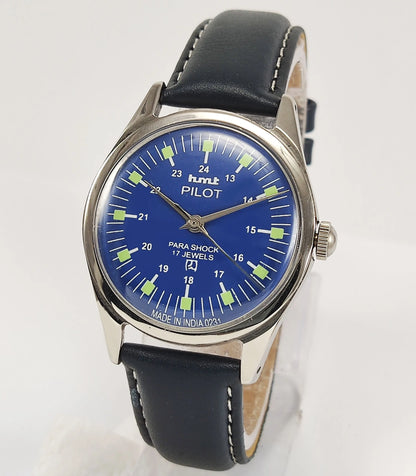 HMT Pilot Para Shock 17 Jewels Blue Dial Mechanical Hand winding Men's Wrist Watch Discover-Diamonds