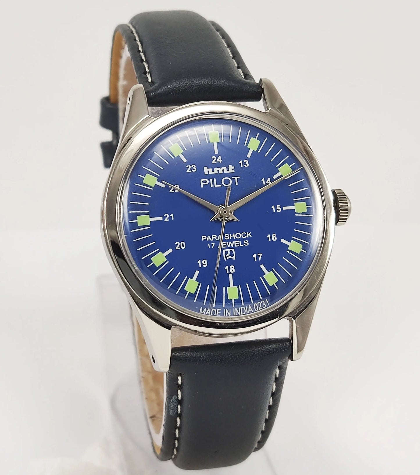 HMT Pilot Para Shock 17 Jewels Blue Dial Mechanical Hand winding Men's Wrist Watch Discover-Diamonds