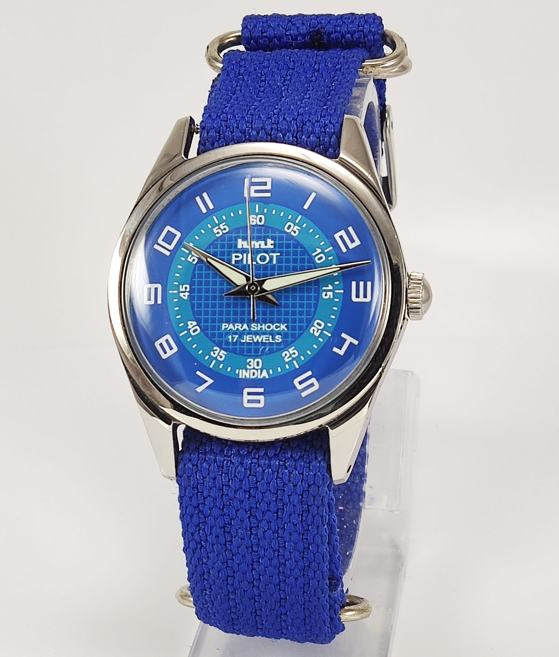 HMT Pilot Para Shock 17 Jewels Blue Dial Mechanical Hand winding Men's Wrist Watch Discover-Diamonds