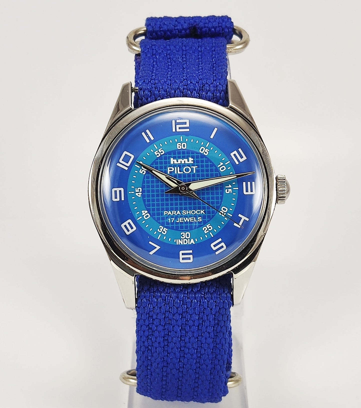 HMT Pilot Para Shock 17 Jewels Blue Dial Mechanical Hand winding Men's Wrist Watch Discover-Diamonds