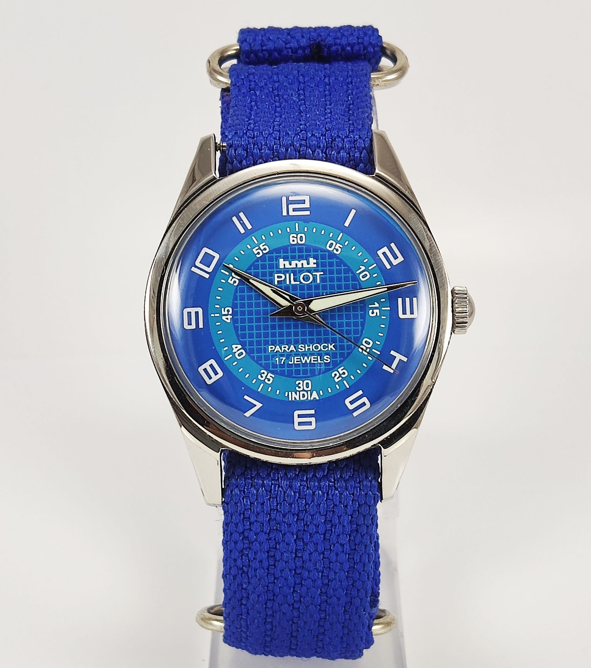 HMT Pilot Para Shock 17 Jewels Blue Dial Mechanical Hand winding Men's Wrist Watch Discover-Diamonds