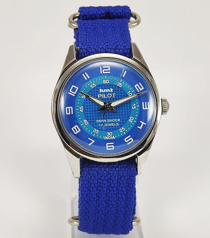 HMT Pilot Para Shock 17 Jewels Blue Dial Mechanical Hand winding Men's Wrist Watch Discover-Diamonds