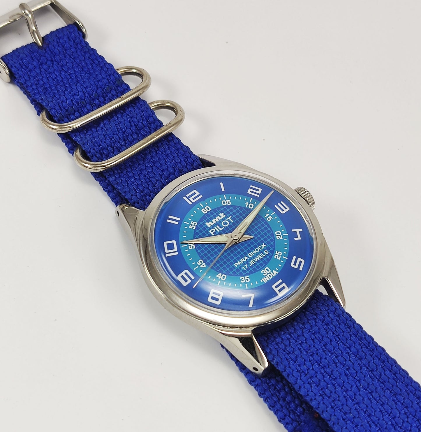 HMT Pilot Para Shock 17 Jewels Blue Dial Mechanical Hand winding Men's Wrist Watch Discover-Diamonds