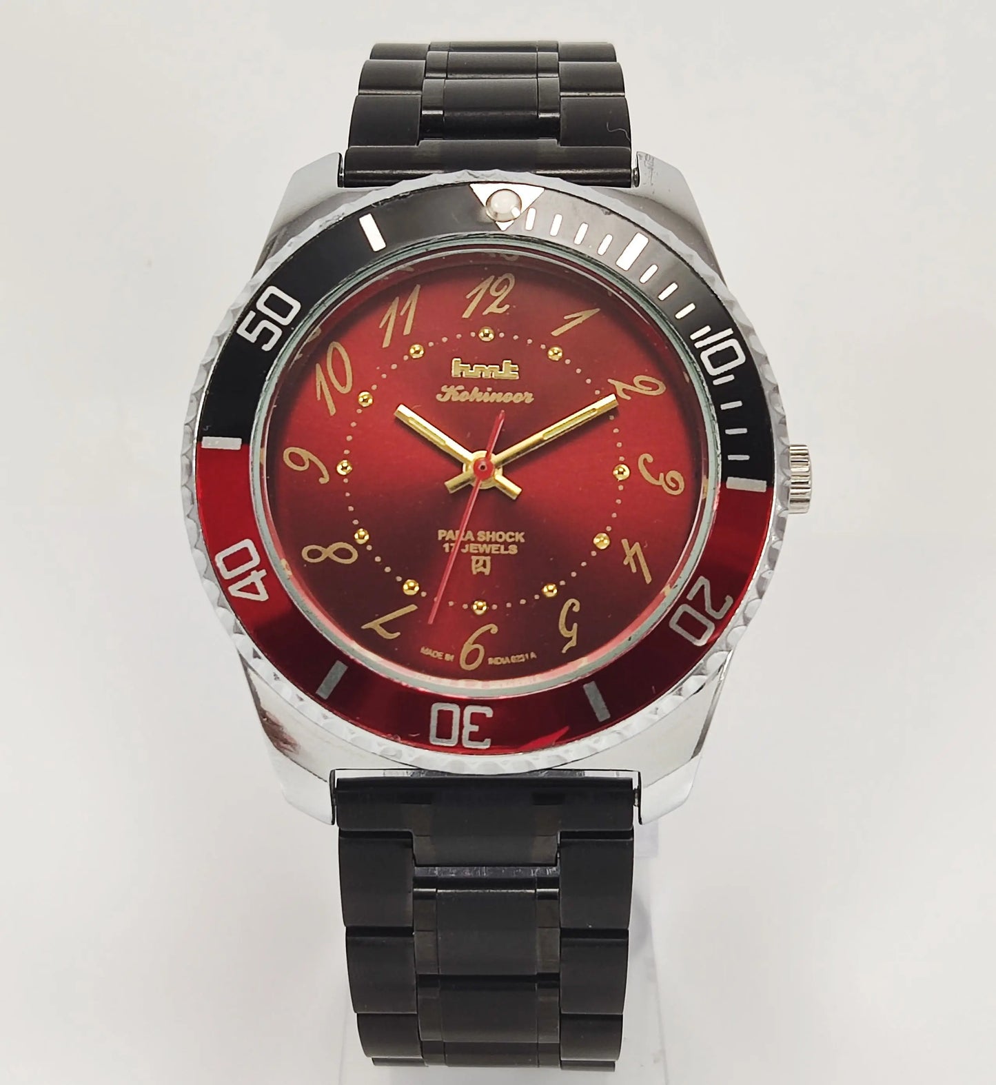 HMT Kohinoor Para Shock 17 Jewels Red Dial Transparent Back Mechanical Hand winding Men's Wrist Watch Discover-Diamonds