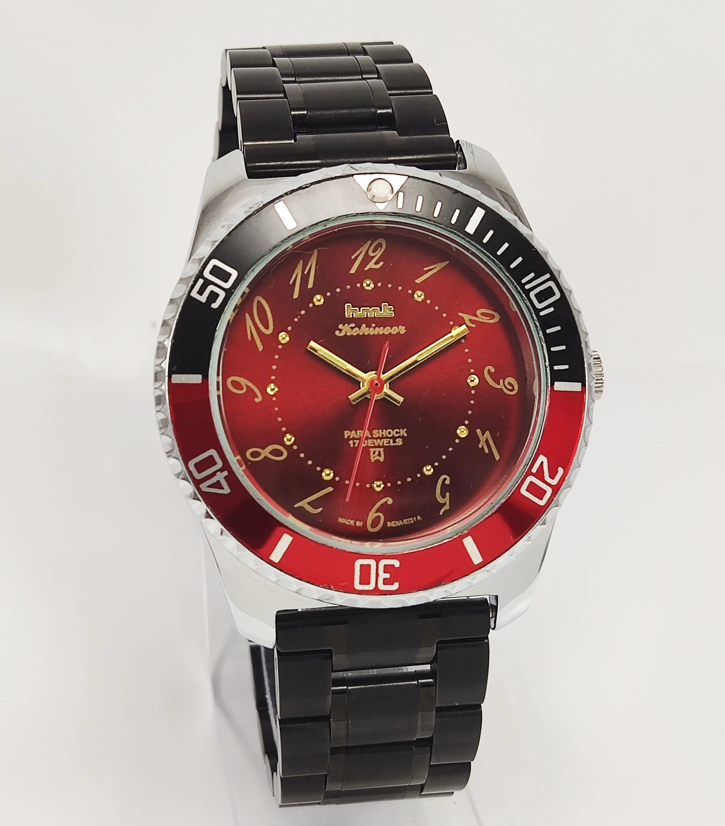 HMT Kohinoor Para Shock 17 Jewels Red Dial Transparent Back Mechanical Hand winding Men's Wrist Watch Discover-Diamonds