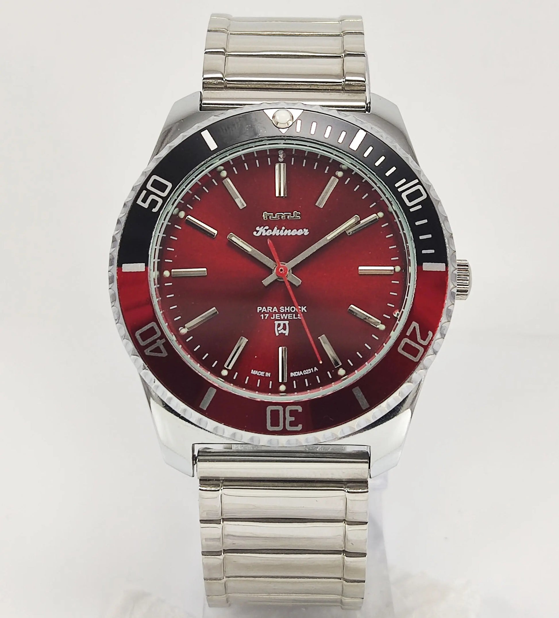 HMT Kohinoor Para Shock 17 Jewels Red Dial Transparent Back Mechanical Hand winding Men's Wrist Watch Discover-Diamonds