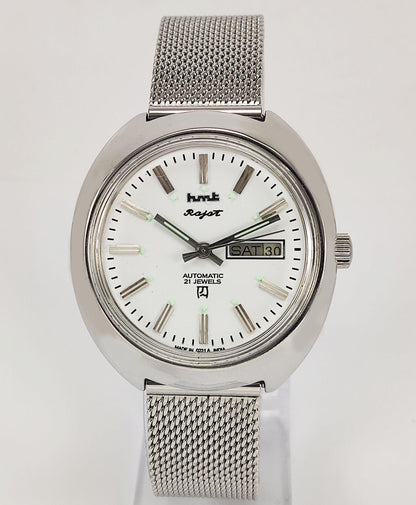 HMT Rajat Para Shock 21 Jewels White Dial Day Date Function Mechanical Automatic Men's Wrist Watch - Discover-Diamonds