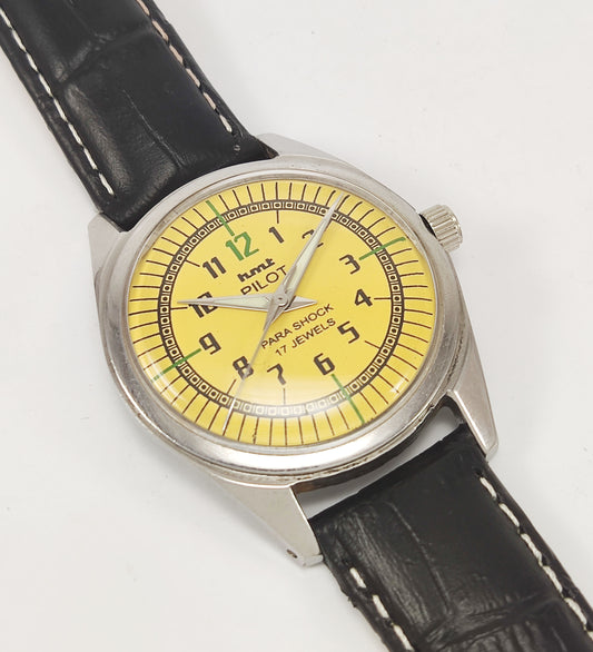 HMT Pilot Para Shock 17 Jewels Yellow Dial Radium Hands Mechanical Hand winding Men's Wrist Watch Discover-Diamonds