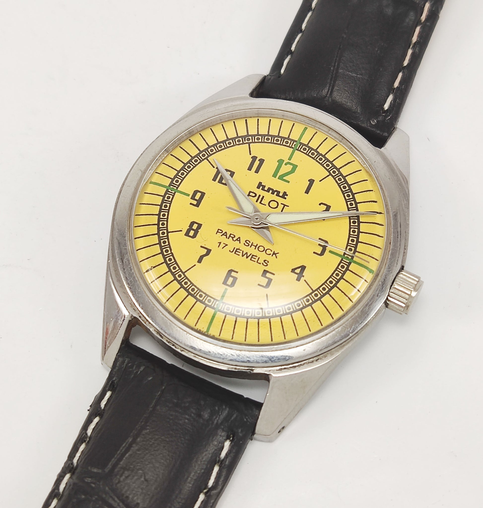 HMT Pilot Para Shock 17 Jewels Yellow Dial Radium Hands Mechanical Hand winding Men's Wrist Watch Discover-Diamonds