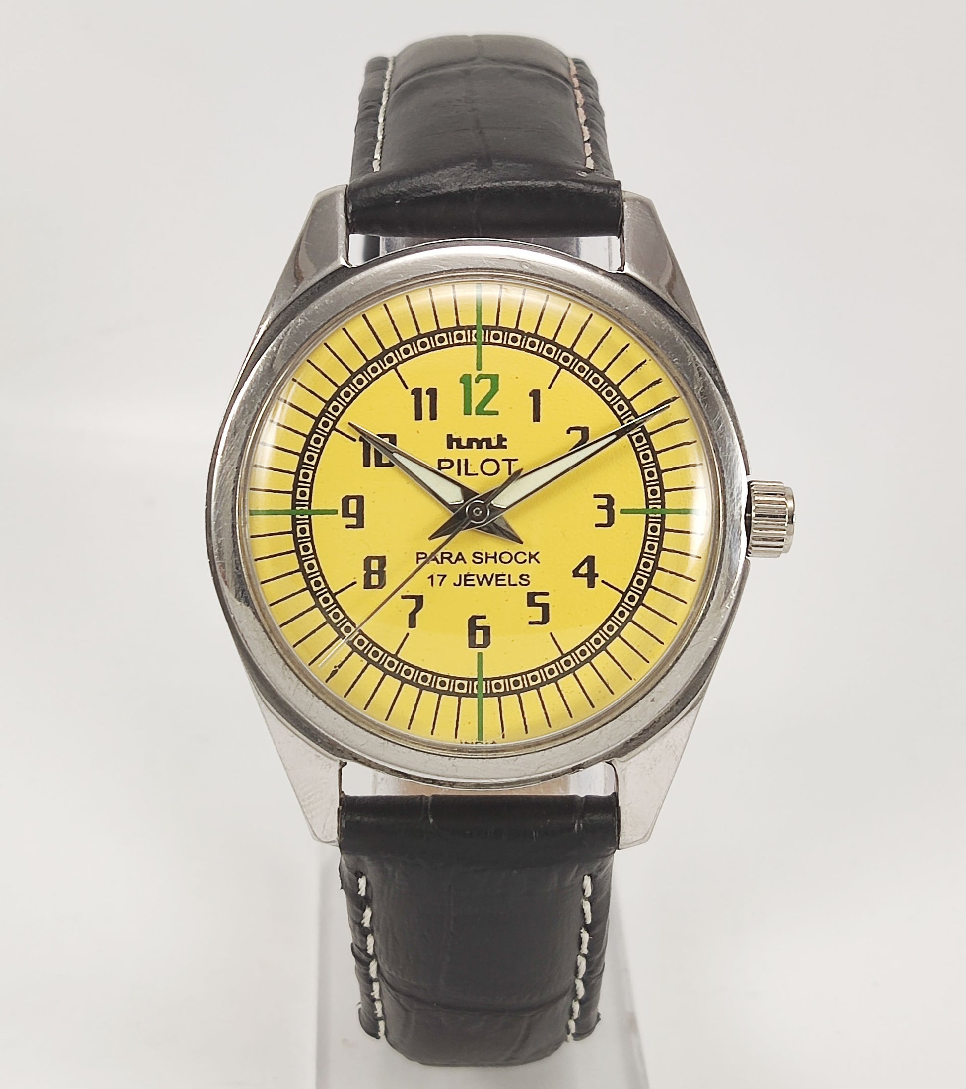 HMT Pilot Para Shock 17 Jewels Yellow Dial Radium Hands Mechanical Hand winding Men's Wrist Watch Discover-Diamonds