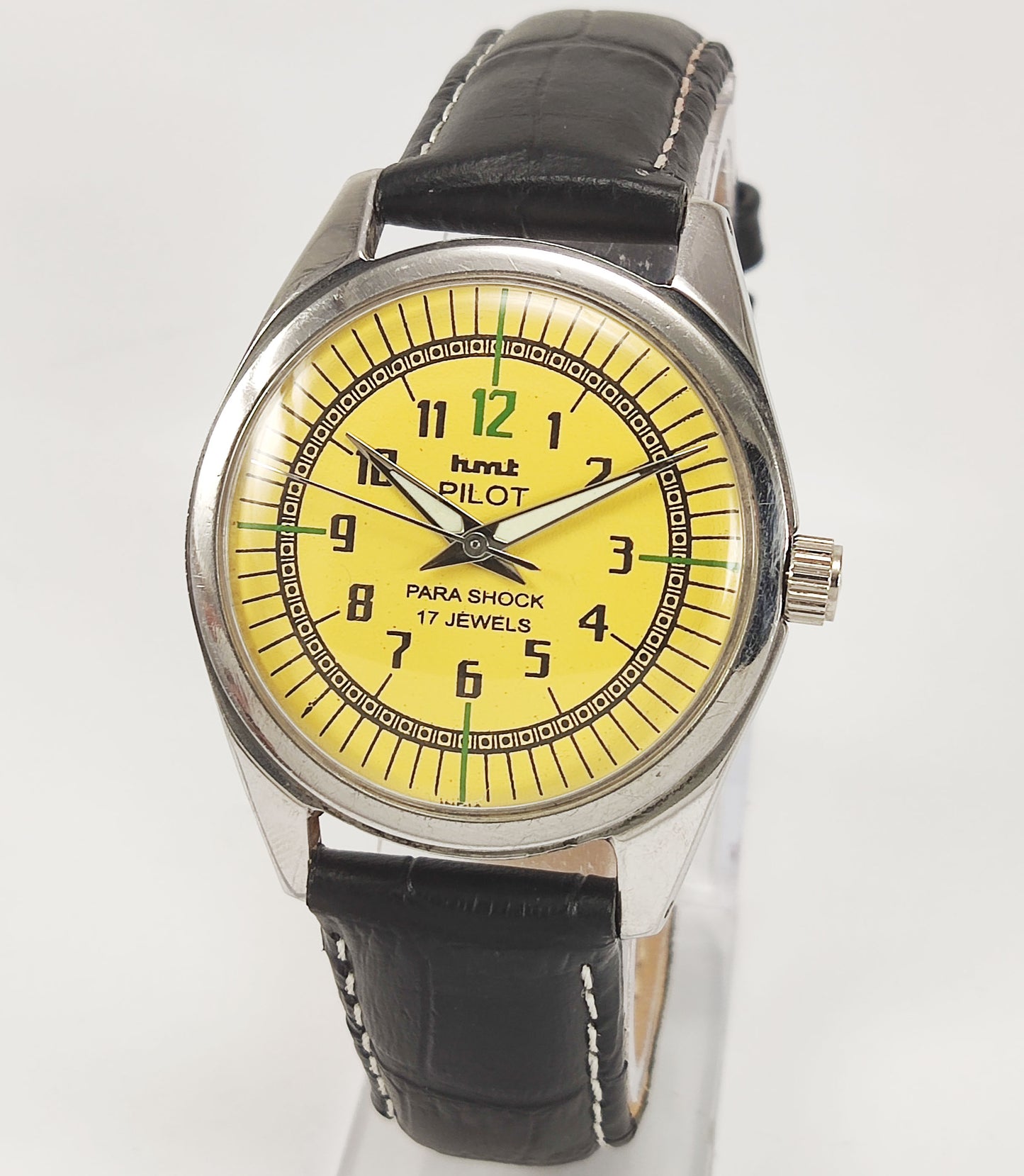 HMT Pilot Para Shock 17 Jewels Yellow Dial Radium Hands Mechanical Hand winding Men's Wrist Watch Discover-Diamonds