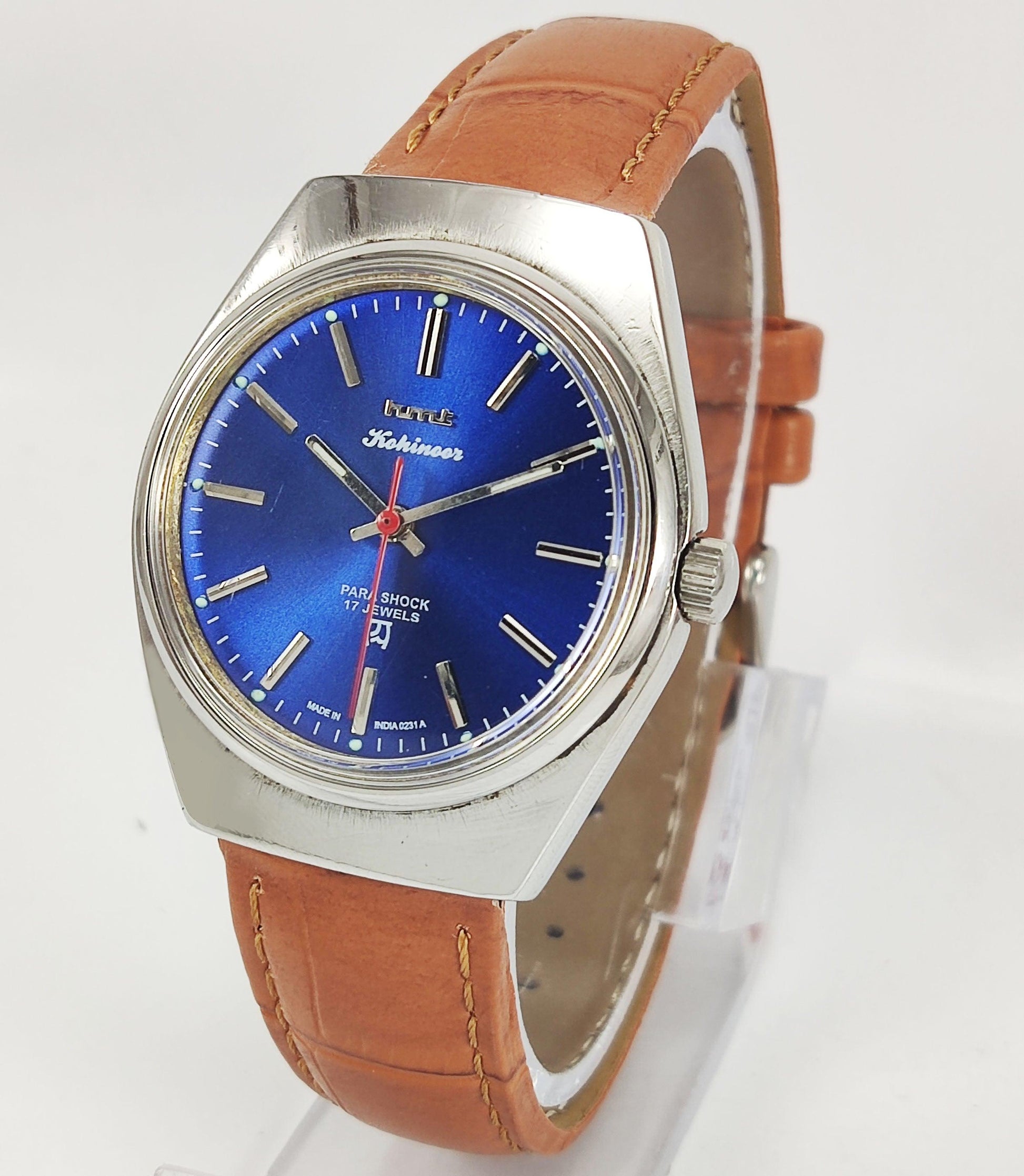 HMT Kohinoor Para Shock 17 Jewels Royal Blue Dial Mechanical Hand winding Men's Wrist Watch Discover-Diamonds