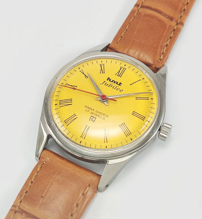 HMT Jubilee Para Shock 17 Jewels Yellow Dial Roman Numerals Mechanical Hand winding Men's Wrist Watch - Discover-Diamonds