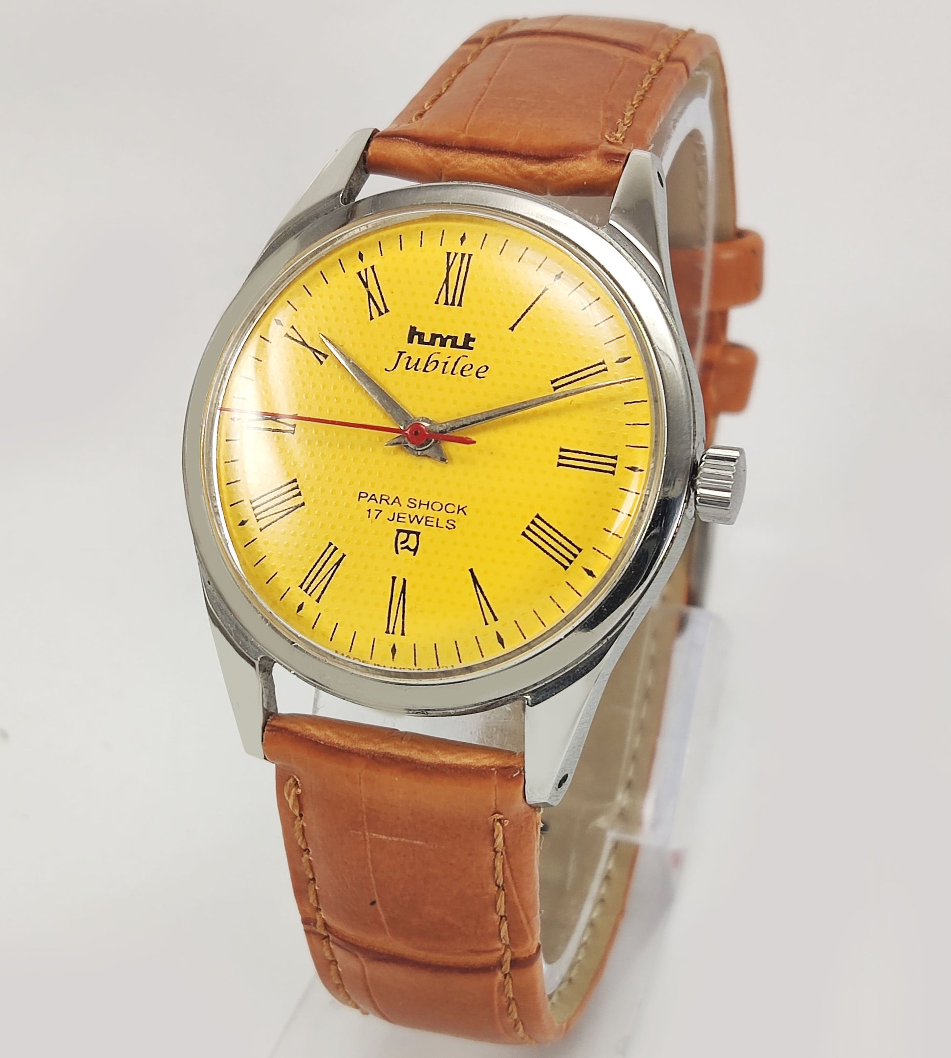 HMT Jubilee Para Shock 17 Jewels Yellow Dial Roman Numerals Mechanical Hand winding Men's Wrist Watch - Discover-Diamonds