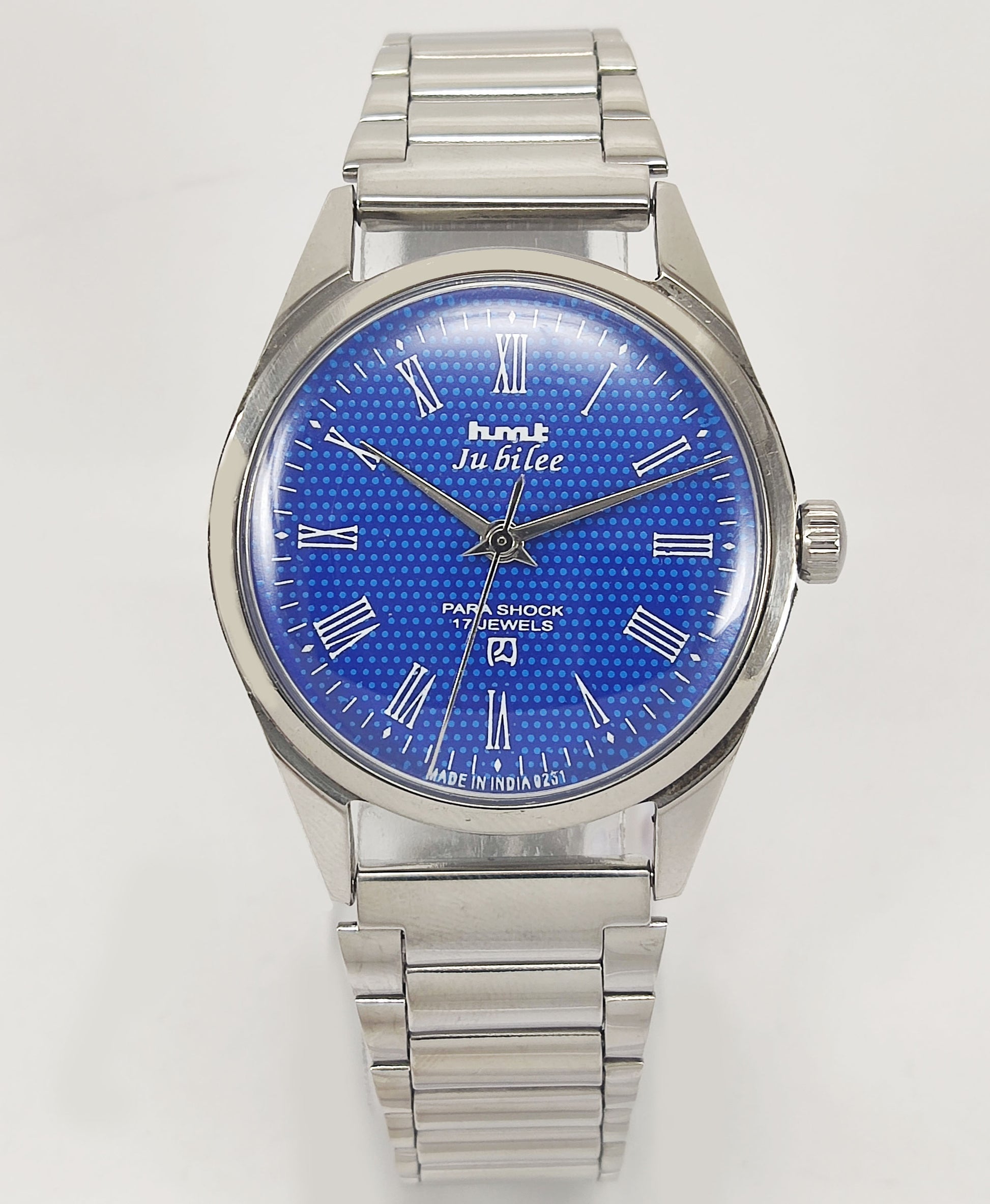 HMT Jubilee Para Shock 17 Jewels Blue Dial Mechanical Hand winding Men's Wrist Watch Discover-Diamonds