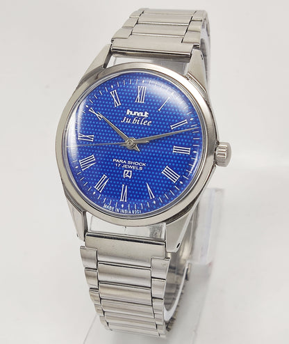 HMT Jubilee Para Shock 17 Jewels Blue Dial Mechanical Hand winding Men's Wrist Watch Discover-Diamonds