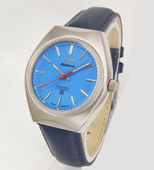 HMT Kohinoor Para Shock 17 Jewels Blue Dial Mechanical Hand winding Men's Wrist Watch Discover-Diamonds