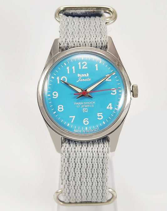 HMT Janata Para Shock 17 Jewels Sky Blue Dial Radium Hands Mechanical Hand winding Men's Wrist Watch - Discover-Diamonds