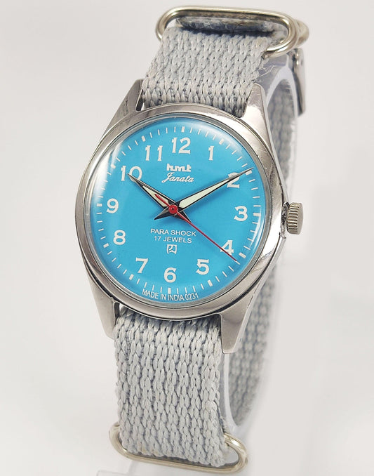 HMT Janata Para Shock 17 Jewels Sky Blue Dial Radium Hands Mechanical Hand winding Men's Wrist Watch - Discover-Diamonds