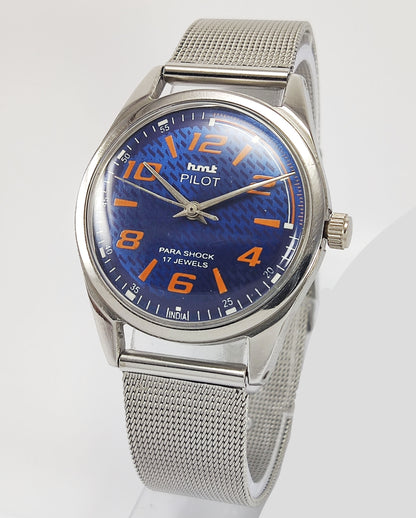 HMT Pilot Para Shock 17 Jewels Blue Dial Mechanical Hand winding Men's Wrist Watch Discover-Diamonds