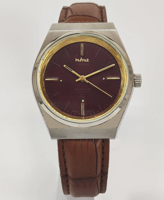 HMT Maurya Para Shock 17 Jewels Maroon Red Dial Mechanical Hand winding Men's Wrist Watch - Discover-Diamonds