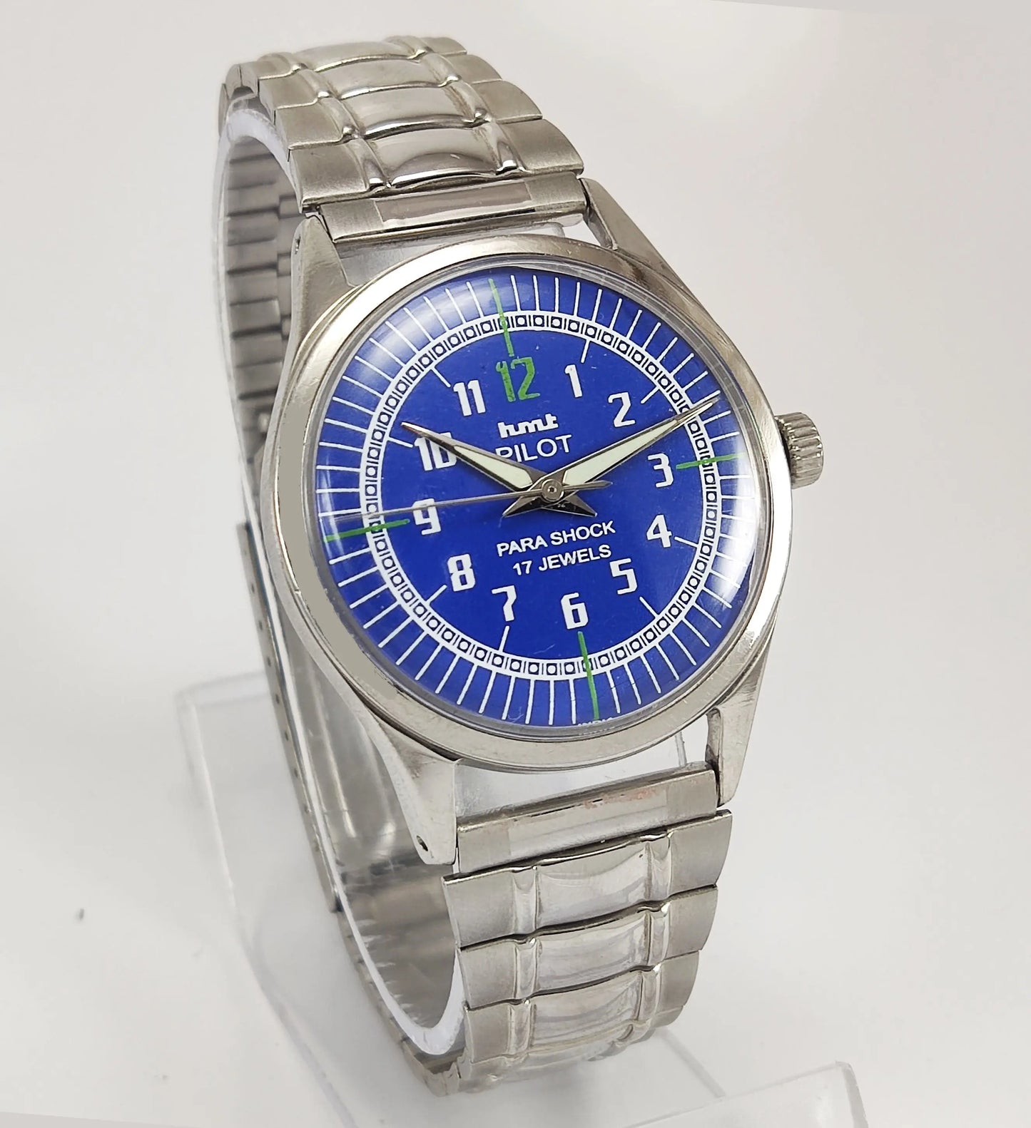 HMT Pilot Para Shock 17 Jewels Blue Dial Mechanical Hand winding Men's Wrist Watch Discover-Diamonds